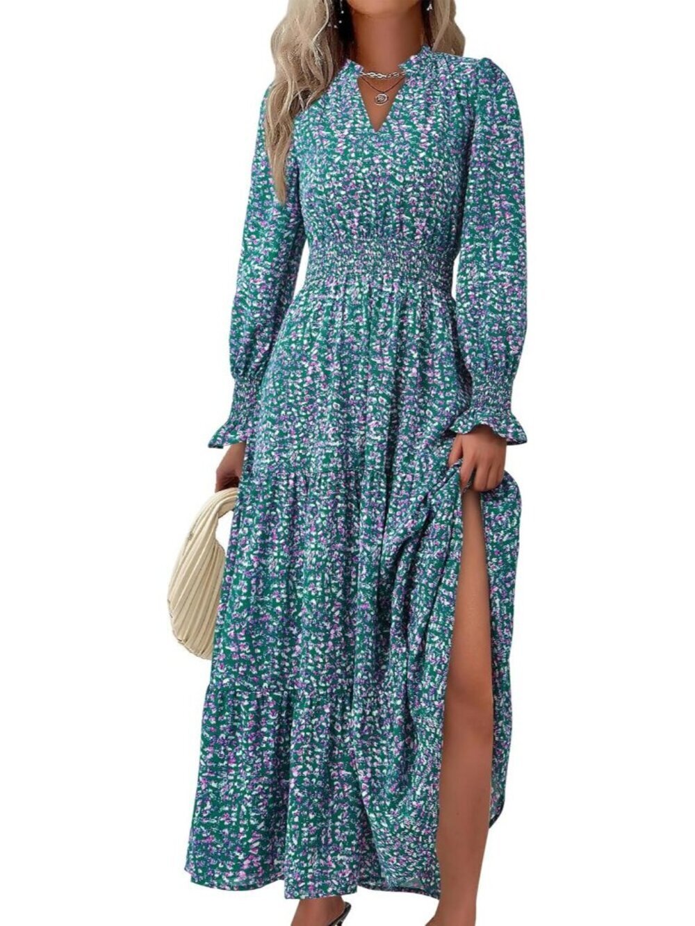 PrettyGarden Women's Floral Purple Green V Neck A Line Flowy Maxi Long Dress